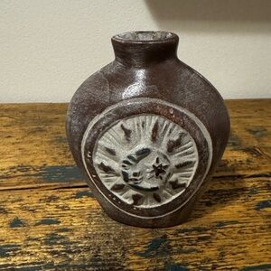 Brown Ceramic Vase with Sun & Moon Medallion